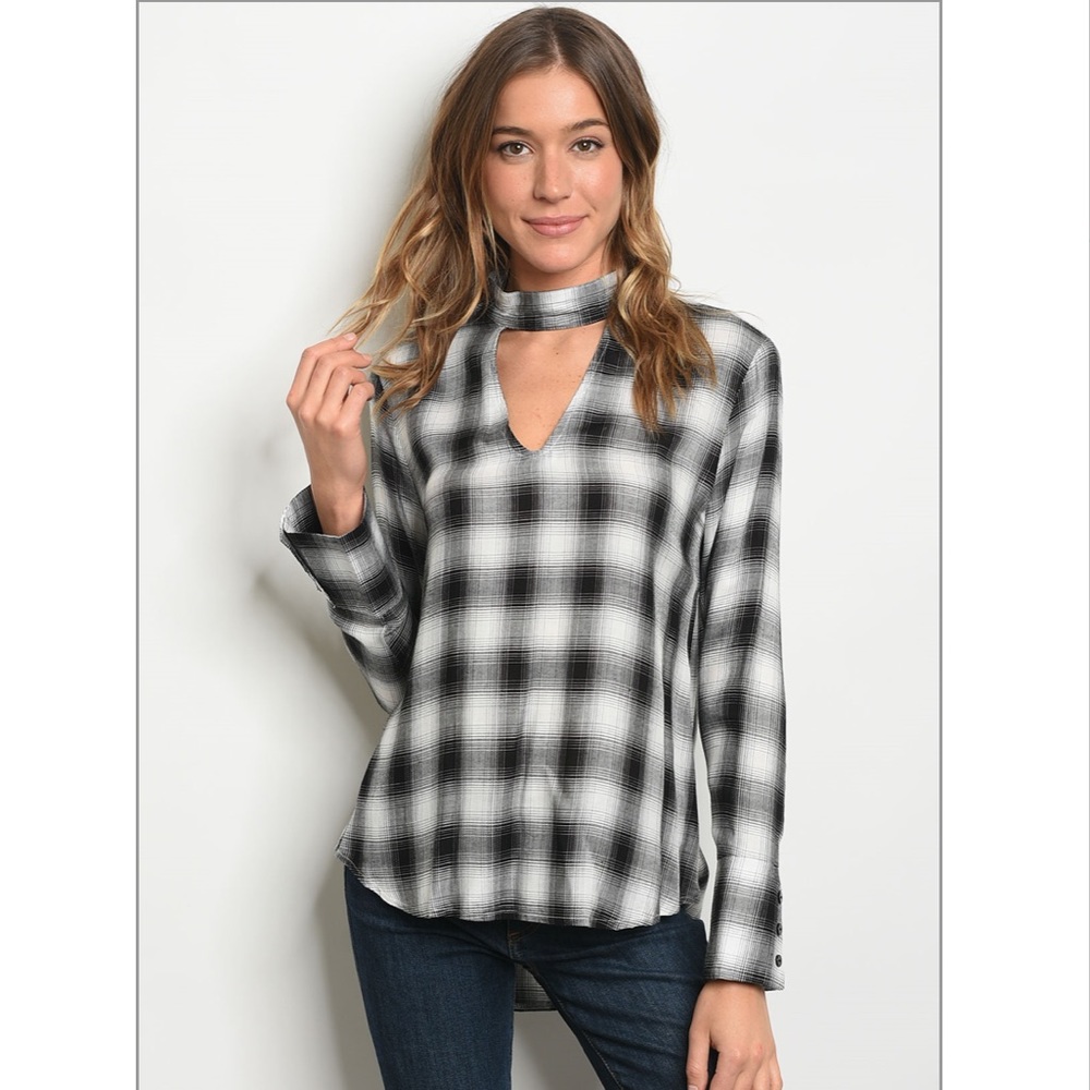 Plaid Choker Neck Tunic Top